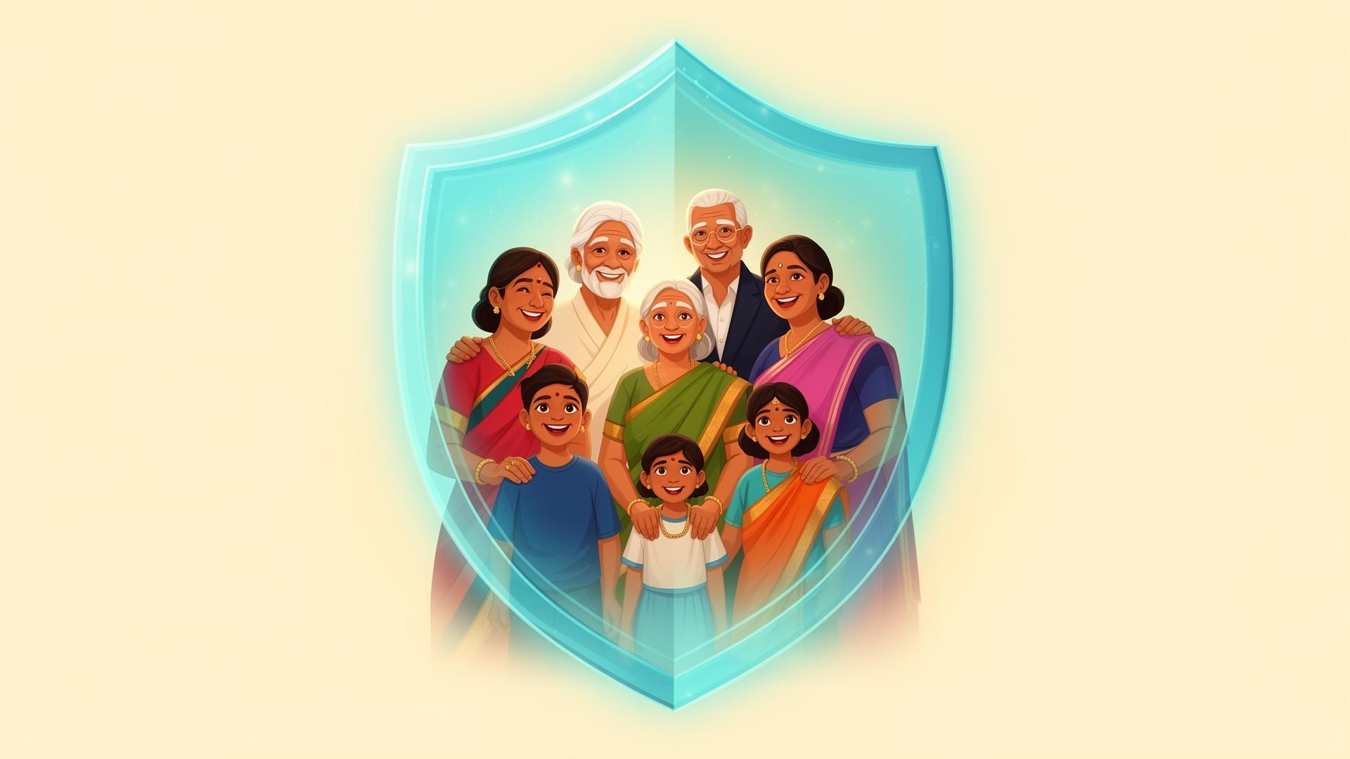 An Indian multigenerational family — grandparents, parents and children — wrapped in a glowing teal shield, symbolizing UPI fraud protection